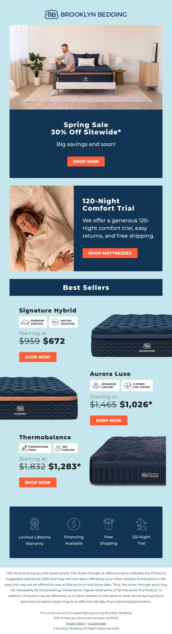 Last Call 📢 30% OFF Spring Savings email from Brooklyn Bedding screenshot