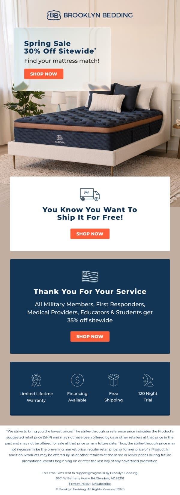 30% off your entire order email from Brooklyn Bedding screenshot