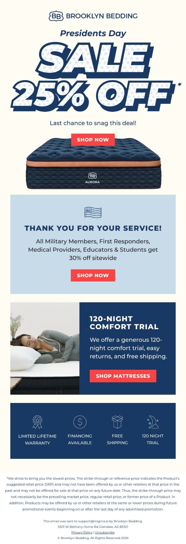 Last Chance For Presidential Savings... email from Brooklyn Bedding screenshot