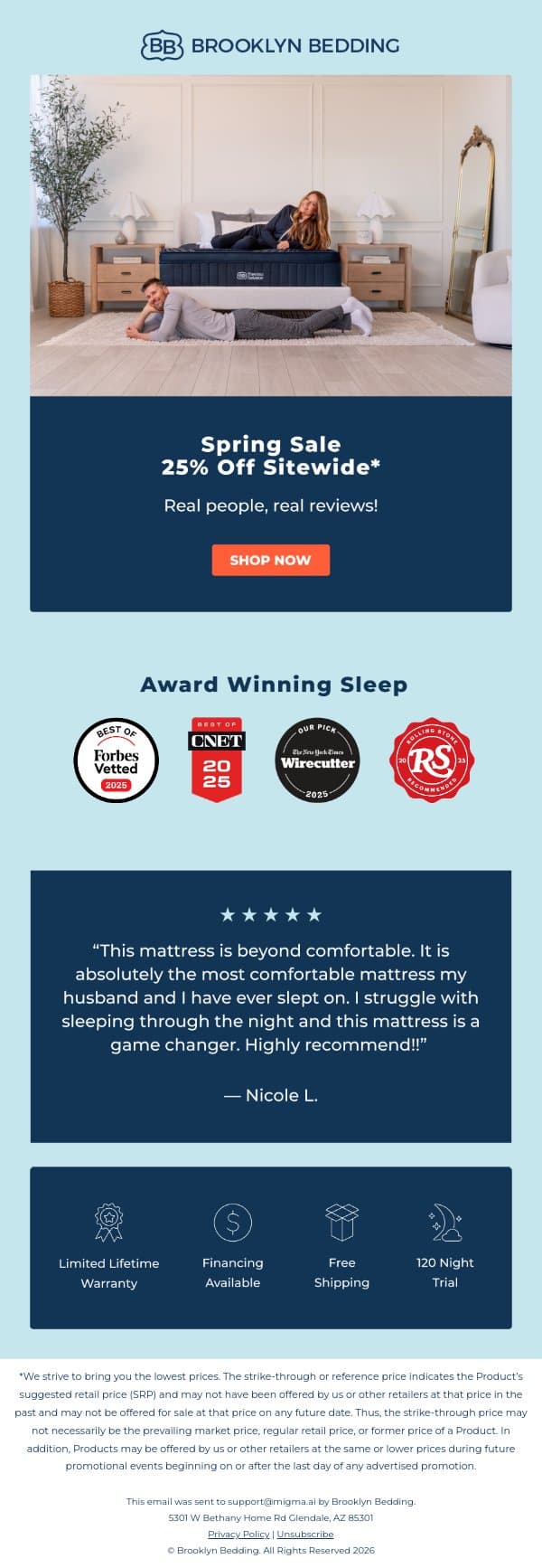 Spring Sleep Essentials: 25% OFF email from Brooklyn Bedding screenshot