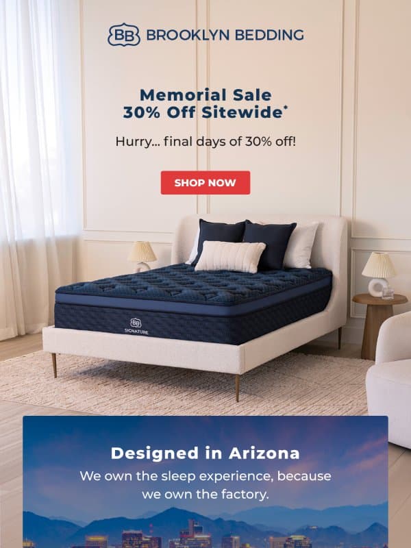 30% Off Is Almost Gone π Shop Now email from Brooklyn Bedding