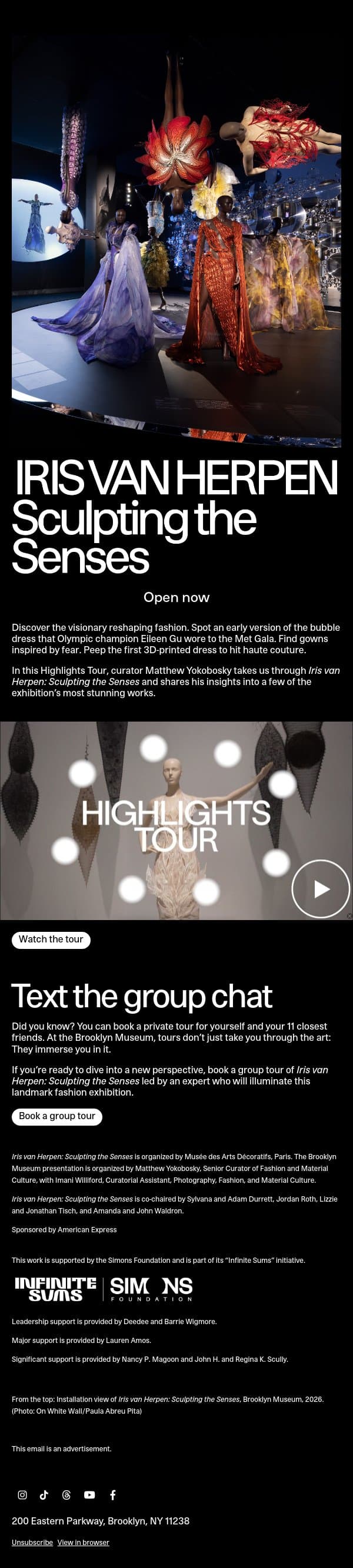 Tour stunning haute couture by Iris van Herpen email from Brooklyn Museum | New York NY screenshot
