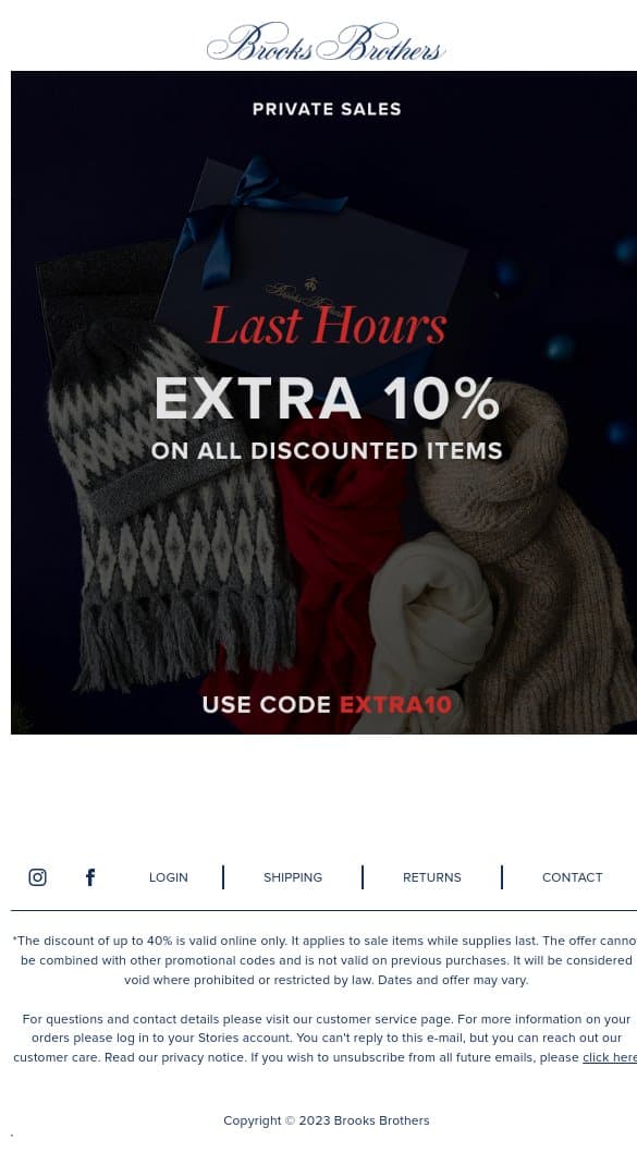 Last Hours | Extra 10% off email from Brooks Brothers screenshot