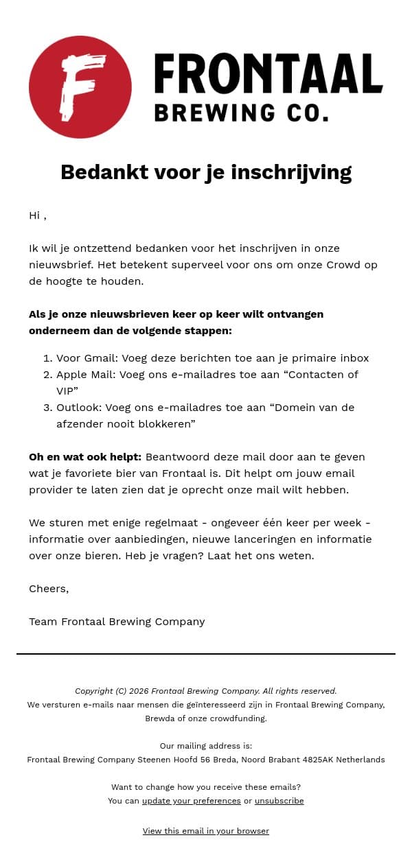 Bedankt voor je inschrijving email from Brouwerij Frontaal screenshot