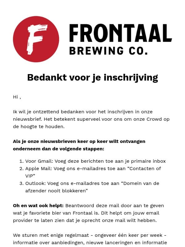 Bedankt voor je inschrijving email from Brouwerij Frontaal