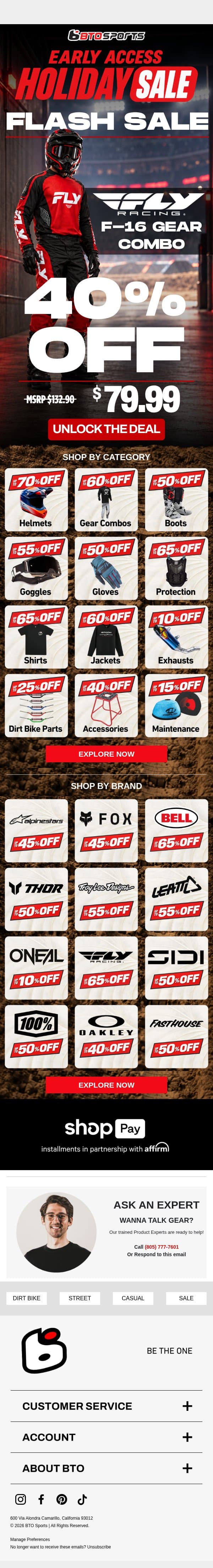 WEEKEND FLASH SALE | Fly Racing F-16 Gear Combo email from BTO Sports screenshot