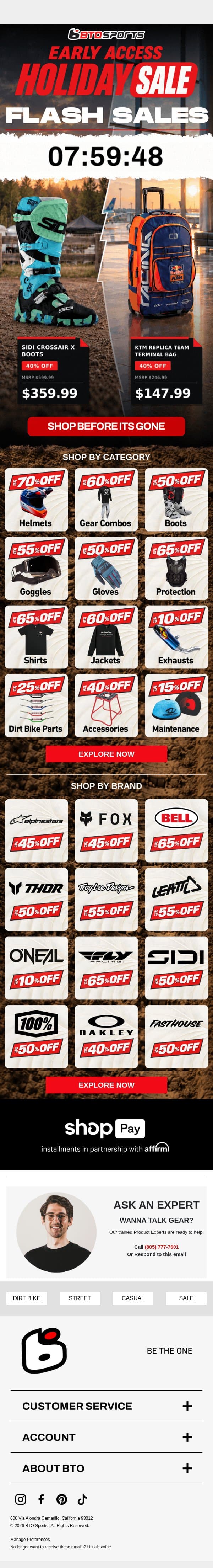 FLASH SALE ENDS TONIGHT | 40% OFF Sidi Crossfire X Boots & KTM Replica Team Terminal Bag email from BTO Sports screenshot