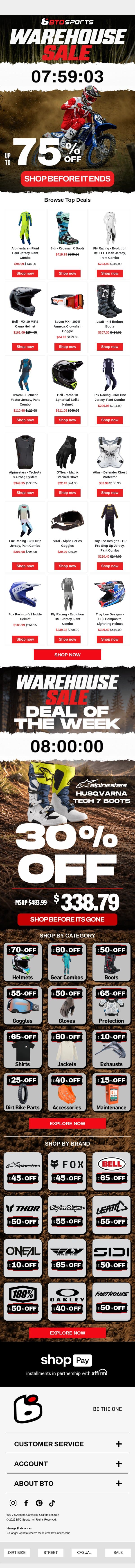 LAST DAY: Warehouse Sale Ends Tonight! email from BTO Sports screenshot