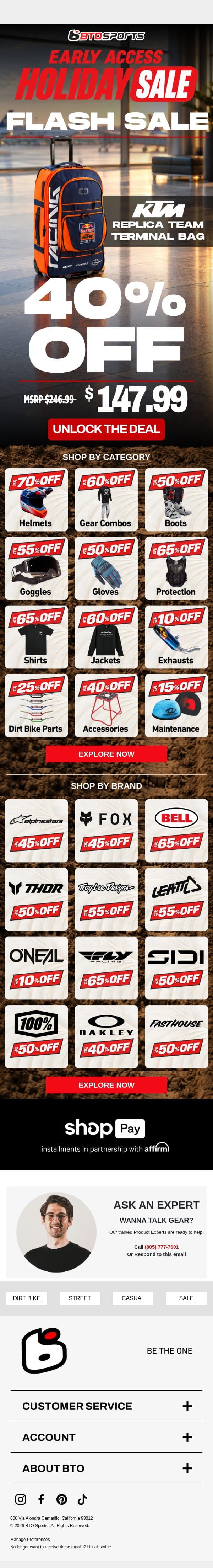 FLASH SALE | KTM Team Terminal Bag 40% OFF email from BTO Sports screenshot