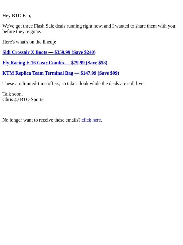 Three Deals. One Limited-Time Opportunity. email from BTO Sports screenshot