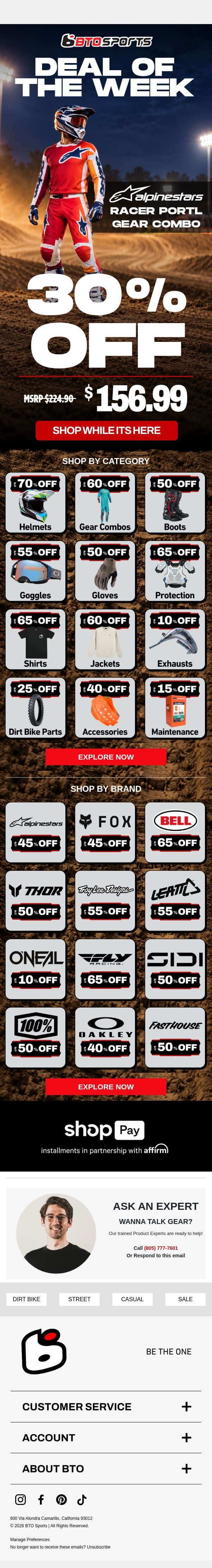 This Week's Deal | Alpinestars Racer Portl Combo 30% OFF email from BTO Sports screenshot