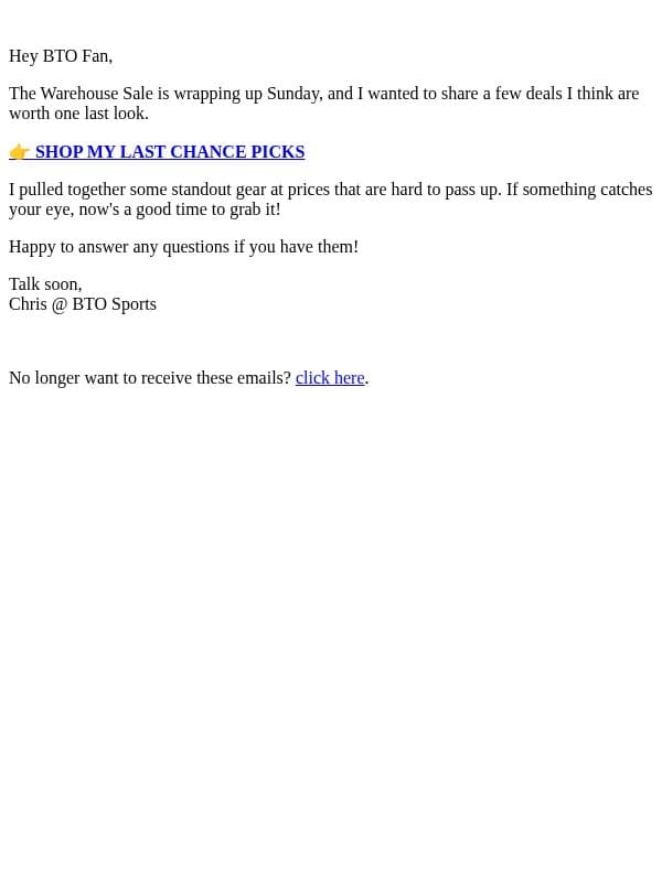 Last Chance to Save on the Warehouse Sale email from BTO Sports screenshot
