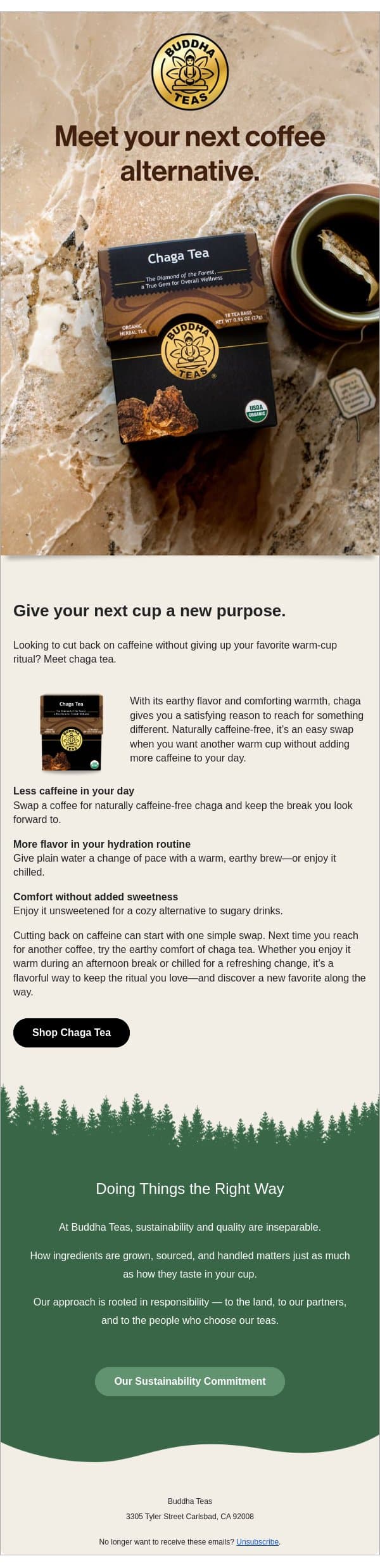 Cut back on caffeine. Keep the comfort. email from Buddha Teas screenshot