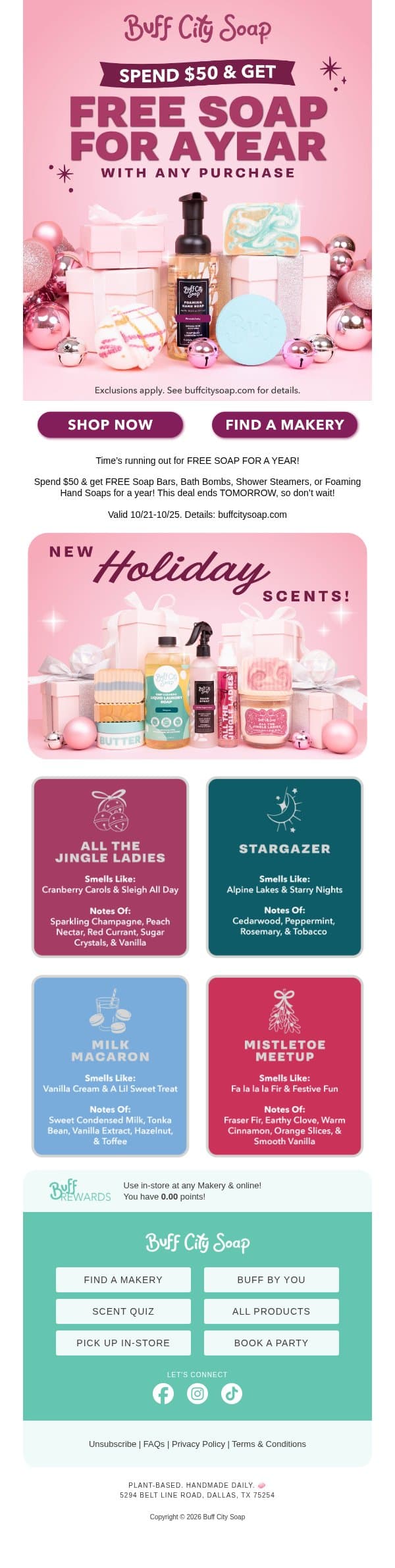 2 DAYS LEFT to get FREE SOAP FOR A YEAR! email from Buff City Soap screenshot