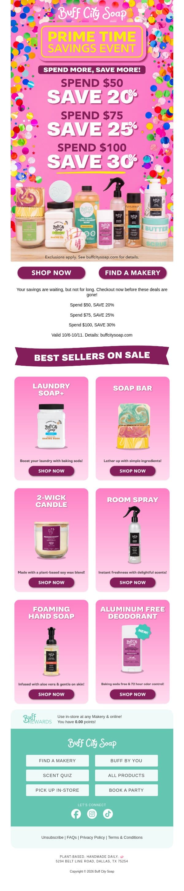 FINAL DAY TO SAVE! Prime Time Savings Event ends TONIGHT! email from Buff City Soap screenshot