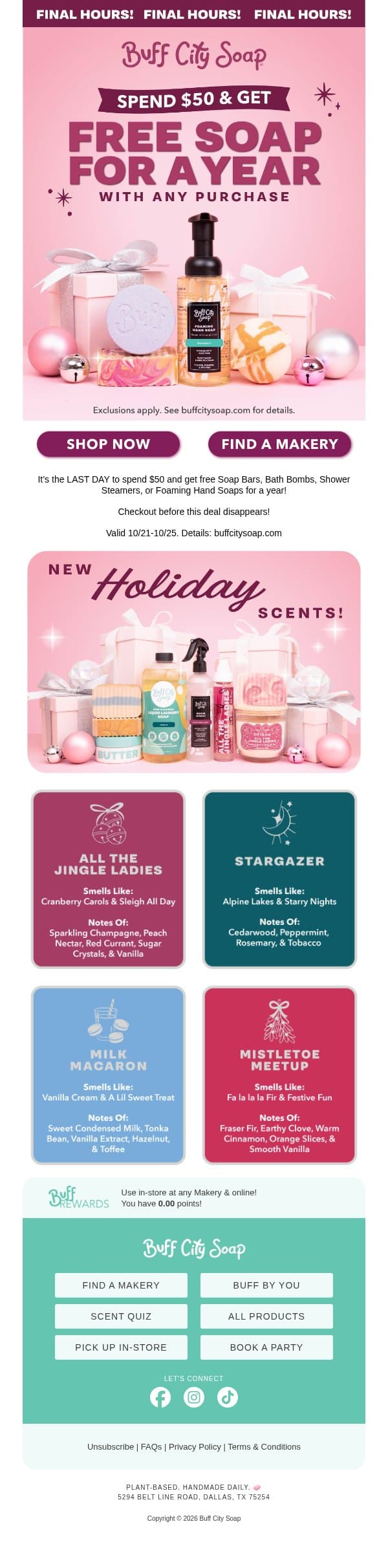 FINAL HOURS to get FREE SOAP FOR A YEAR! email from Buff City Soap screenshot