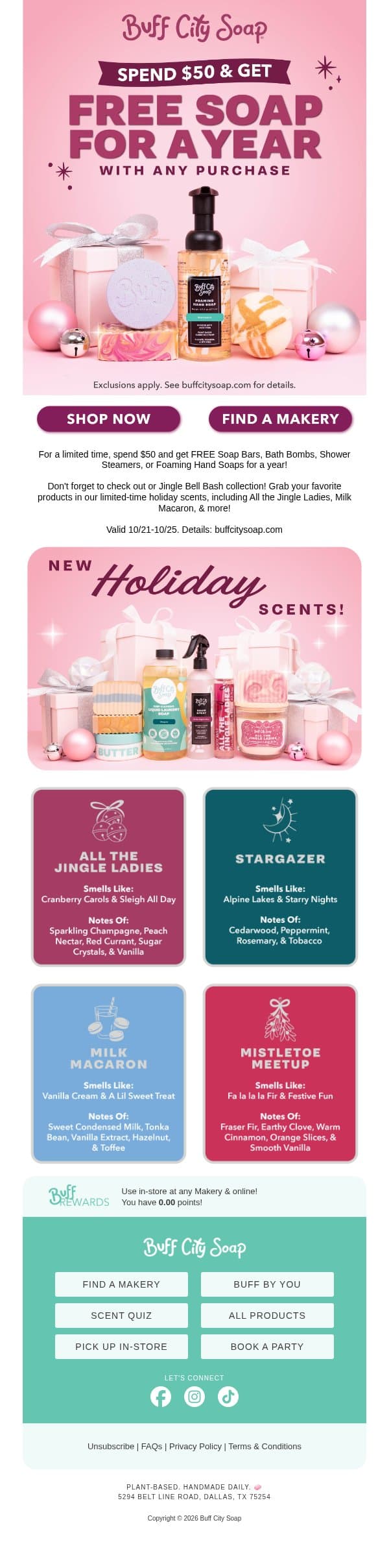 FREE SOAP FOR A YEAR & Holiday Cheer! email from Buff City Soap screenshot