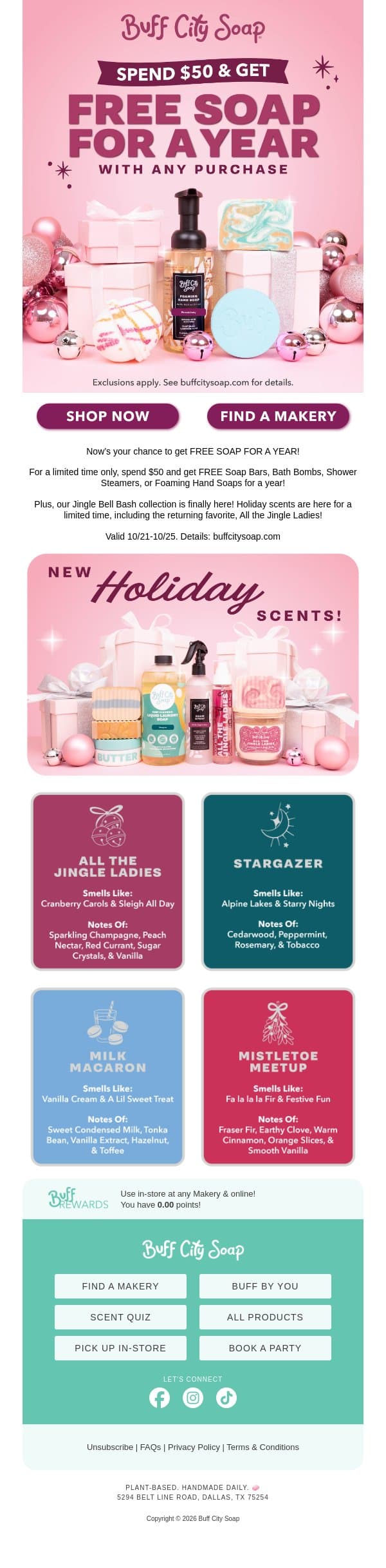 FREE SOAP FOR A YEAR is back + NEW Holiday Scents! email from Buff City Soap screenshot