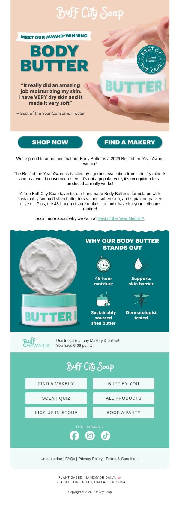 Our Body Butter is a Best of the Year™ winner! email from Buff City Soap screenshot