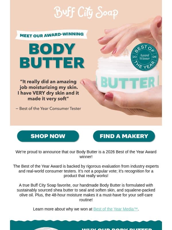 Our Body Butter is a Best of the Year™ winner! email from Buff City Soap