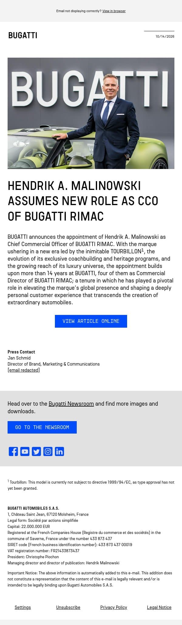 Hendrik A. Malinowski assumes new role as CCO of BUGATTI RIMAC email from Bugatti screenshot