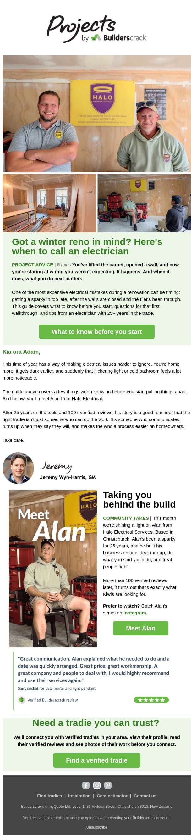 100+ reviews later, why this sparky's still doing things the old-fashioned way email from Builderscrack screenshot