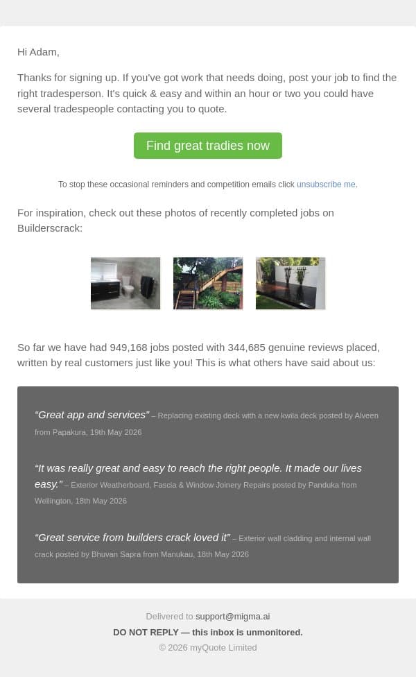 Find reviewed tradies the easy way email from Builderscrack screenshot