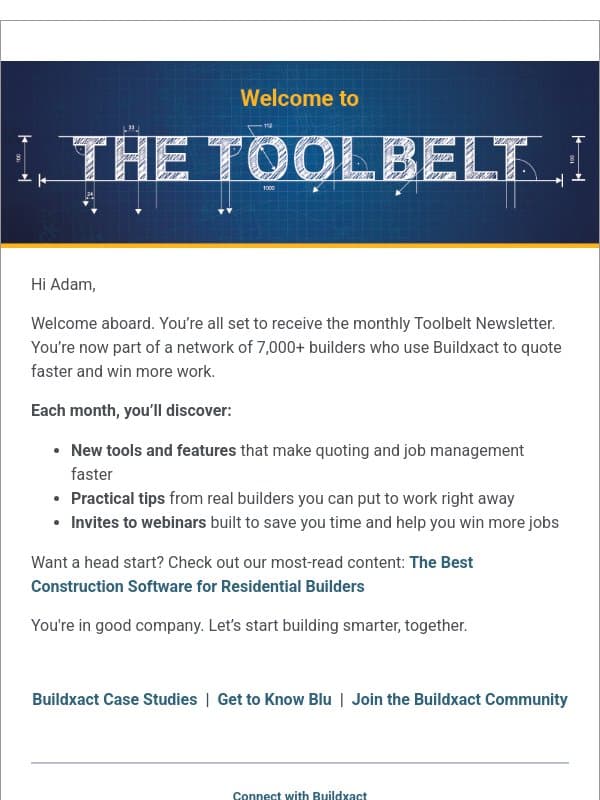 Thanks for subscribing to the Buildxact Toolbelt Newsletter email from Buildxact