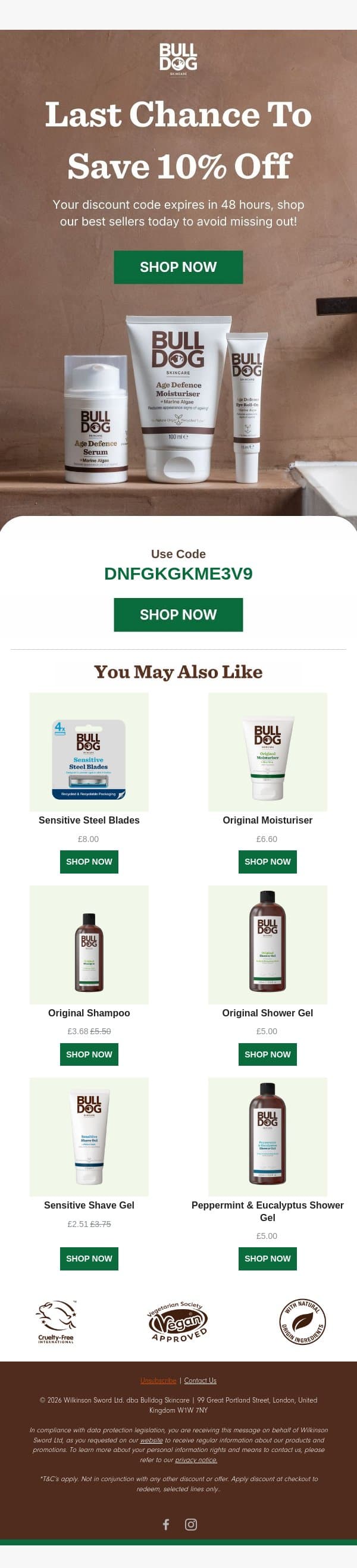 Your 10% Off* Is Ready to Use email from Bulldog Skincare screenshot