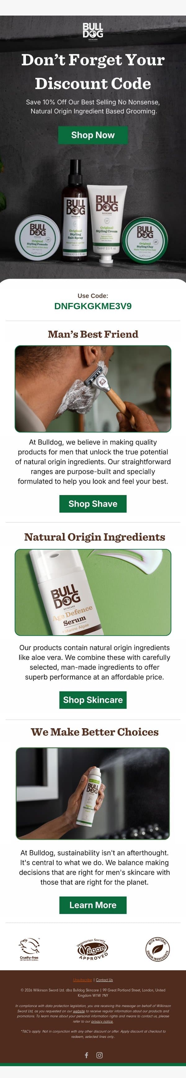 Your 10% Off* Code Expires Soon email from Bulldog Skincare screenshot