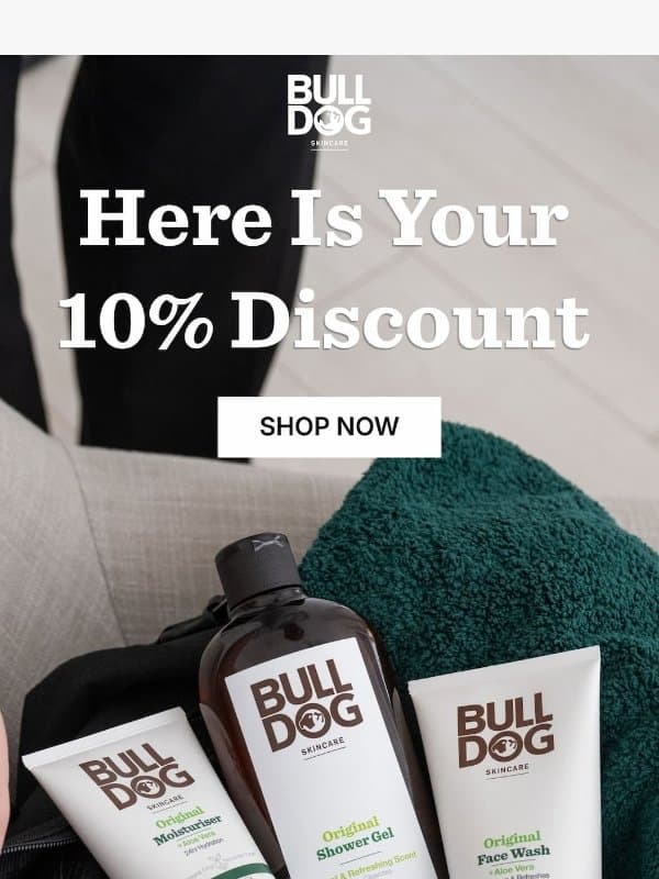 Welcome - Your Discounts Inside π email from Bulldog Skincare