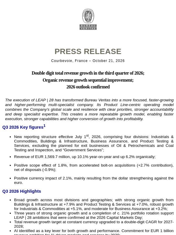 BUREAU VERITAS - Double digit total revenue growth in the third quarter of 2026; Organic revenue growth sequential improvement; 2026 outlook confirmed email from Bureau Veritas