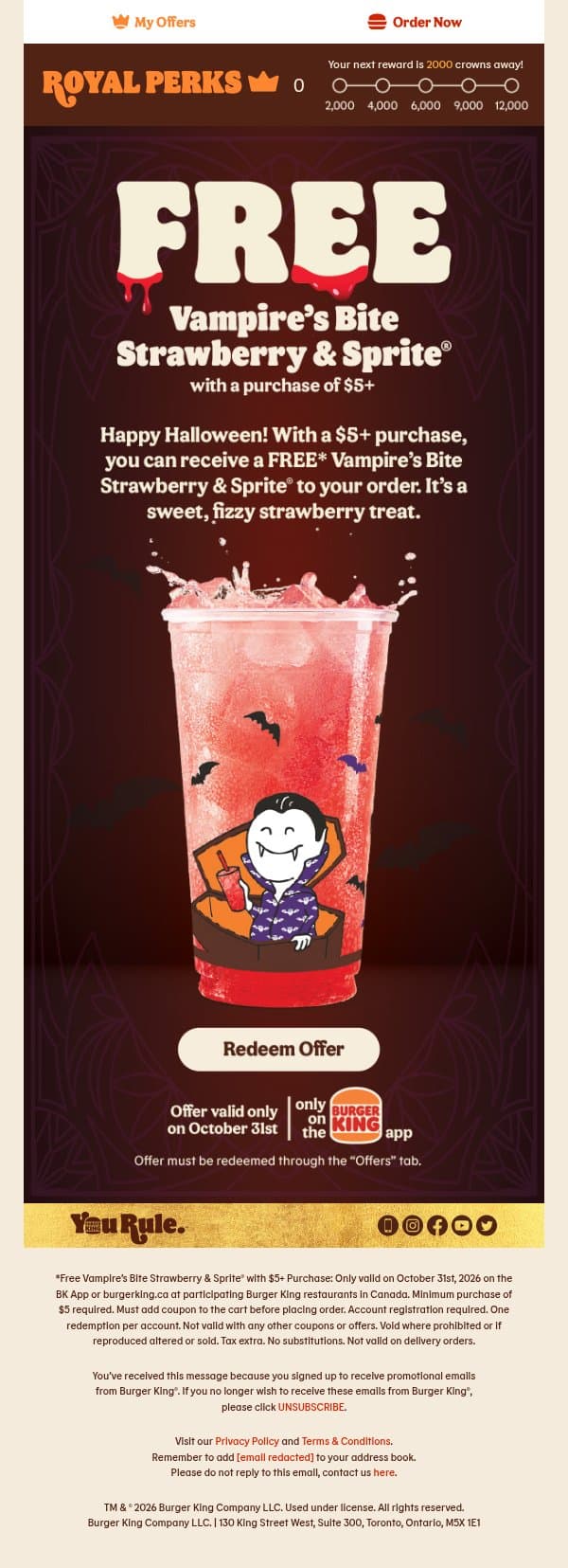 Happy Halloween! Your FREE* Vampire’s Bite Strawberry & Sprite® Awaits 🎃 email from Burger King Canada screenshot
