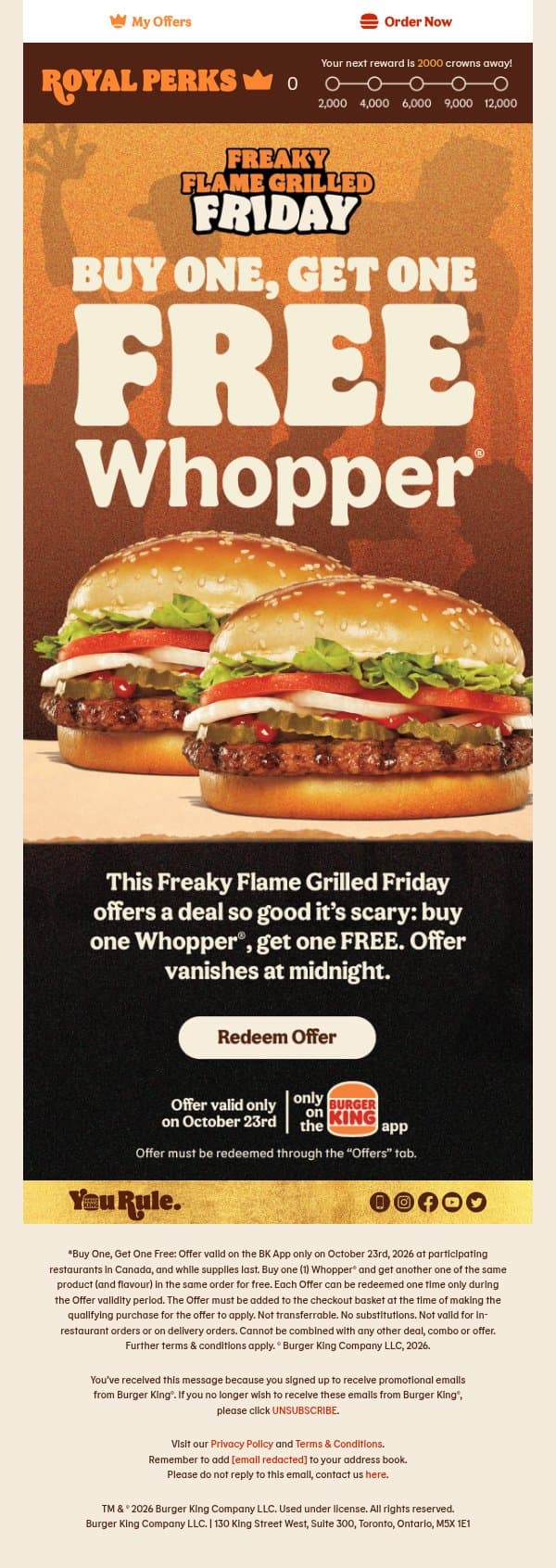 BOGO Whopper®! Freaky Flame Grilled Friday Deal #4 🎃 email from Burger King Canada screenshot