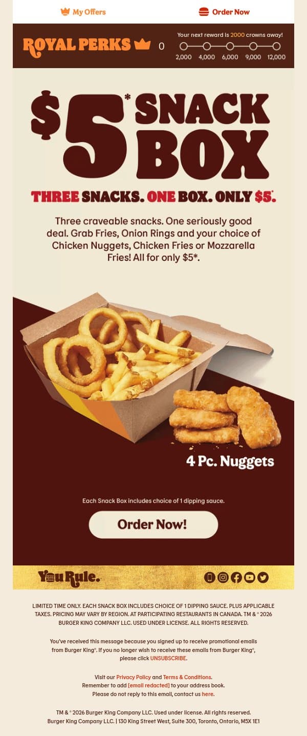 3 Snacks. 1 Box. Just $5*. ๐ email from Burger King Canada screenshot