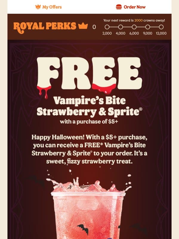 Happy Halloween! Your FREE* Vampire’s Bite Strawberry & Sprite® Awaits 🎃 email from Burger King Canada