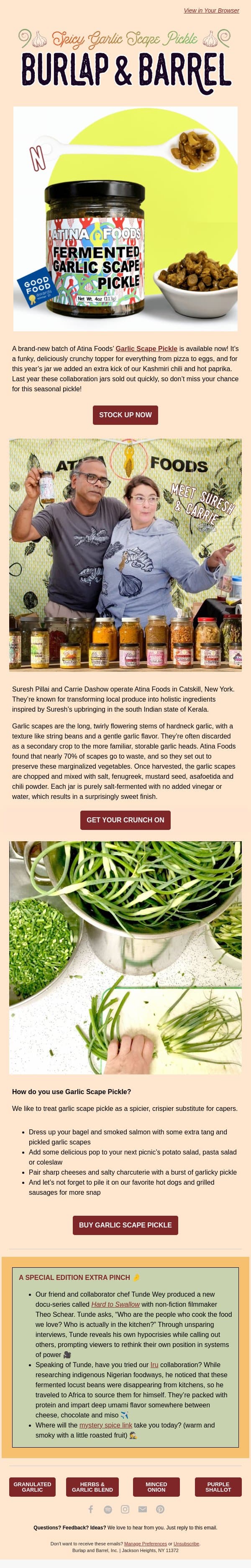 Garlic Scape Pickle is Back in Stock 🧄 email from Burlap & Barrel screenshot