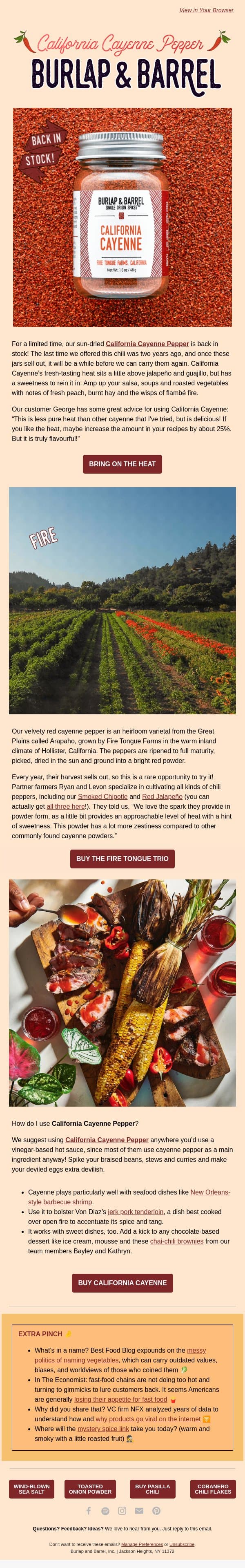 California Cayenne Pepper is Back in Stock 🌶️ email from Burlap & Barrel screenshot