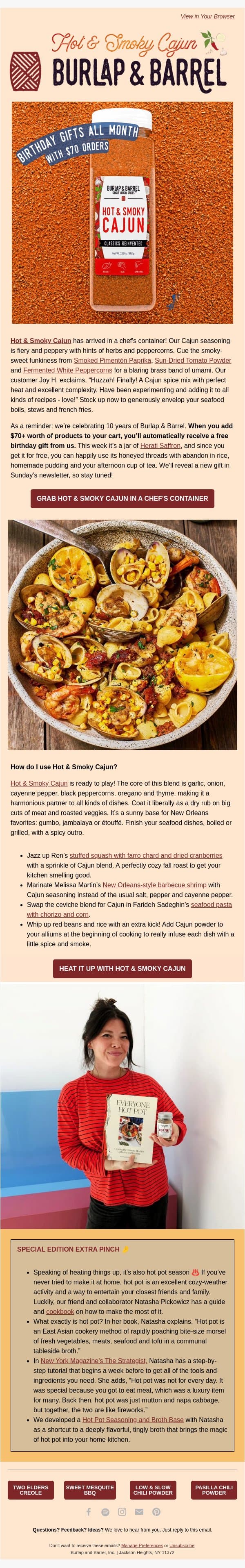 NEW! Hot & Smoky Cajun in a Chef's Container 🌶️ email from Burlap & Barrel screenshot