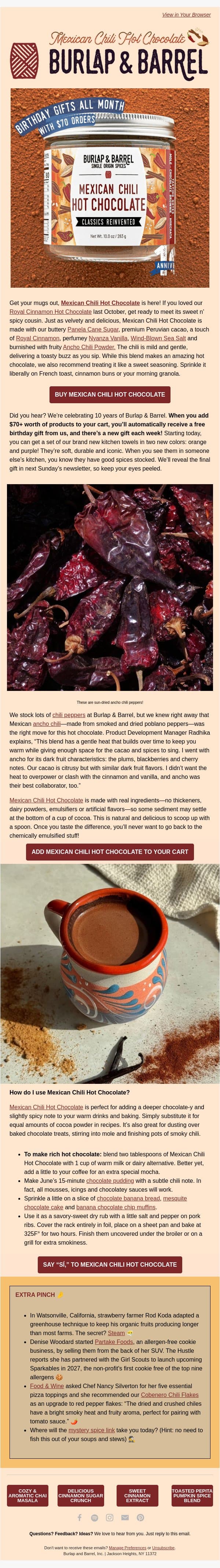 NEW! Mexican Chili Hot Chocolate ๐ถ๏ธ๐ซ email from Burlap & Barrel screenshot