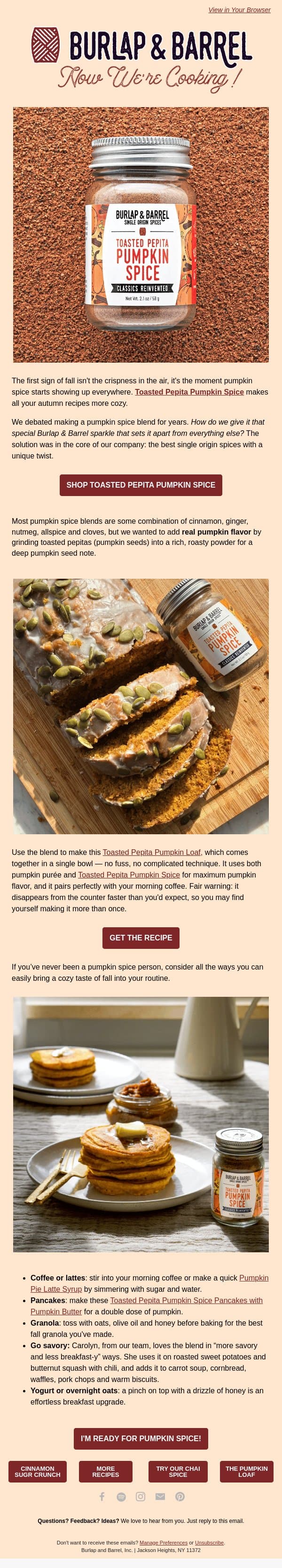 Pumpkin spice season is here! π email from Burlap & Barrel screenshot