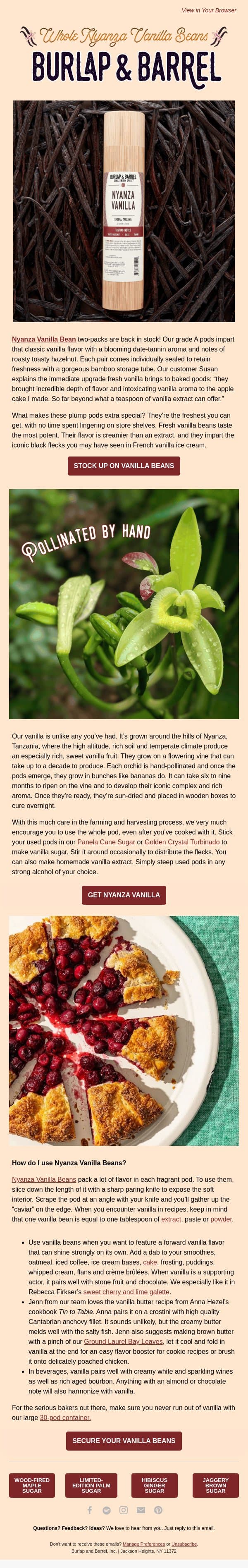 Whole Nyanza Vanilla Beans Are Back in Stock 🧁 email from Burlap & Barrel screenshot
