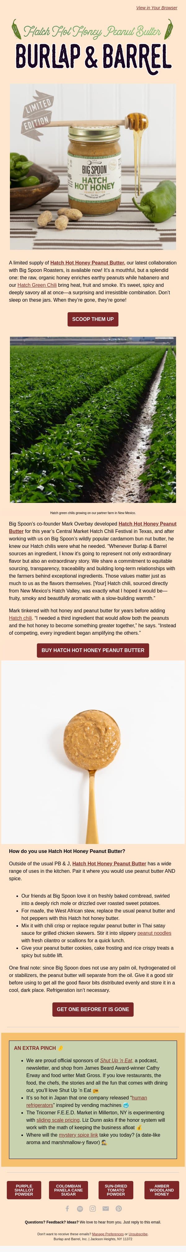 New! Hatch Hot Honey Peanut Butter 🍯 email from Burlap & Barrel screenshot