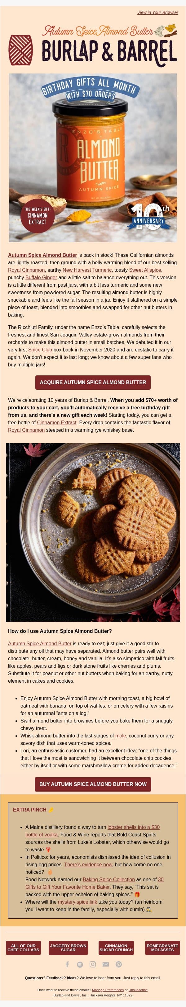 Autumn Spice Almond Butter is Back in Stock 🍁 email from Burlap & Barrel screenshot