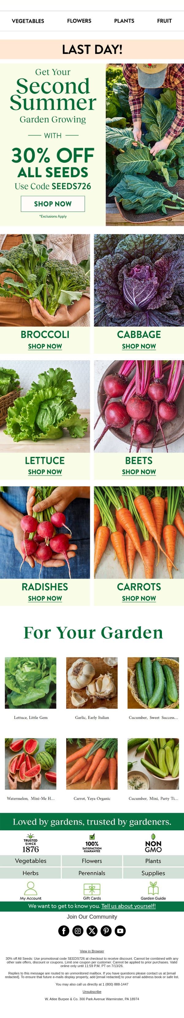Last day for 30% off seeds email from Burpee Seeds screenshot