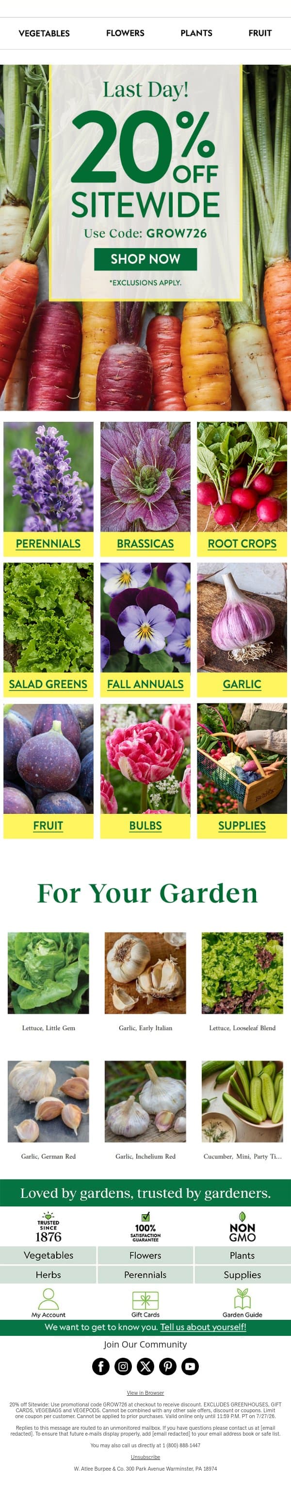 Final hours for 20% off sitewide email from Burpee Seeds screenshot