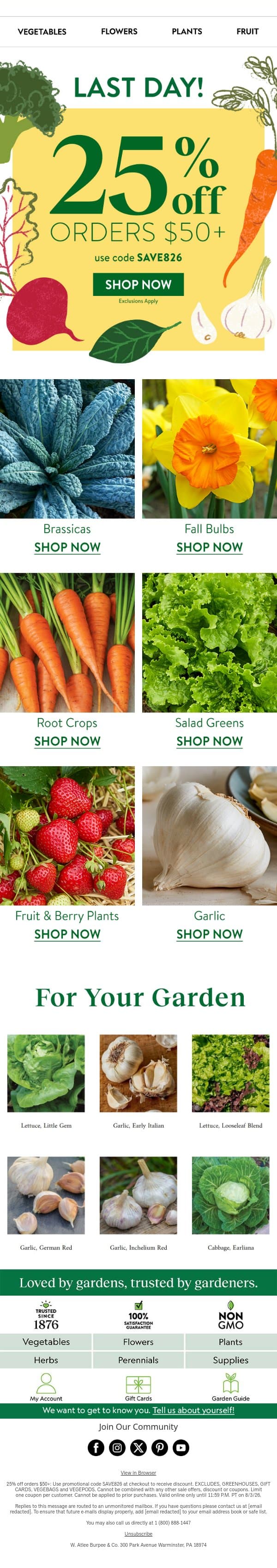 25% off orders $50+ ends tonight email from Burpee Seeds screenshot