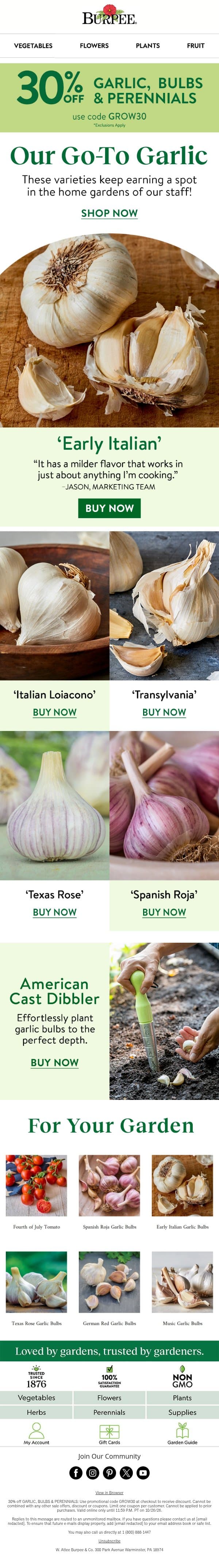 The garlic we grow ourselves email from Burpee Seeds screenshot