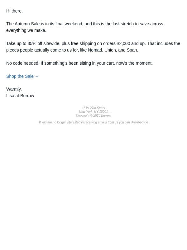 Last weekend for up to 35% off email from Burrow