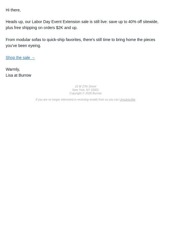 Save up to 40% before its gone email from Burrow